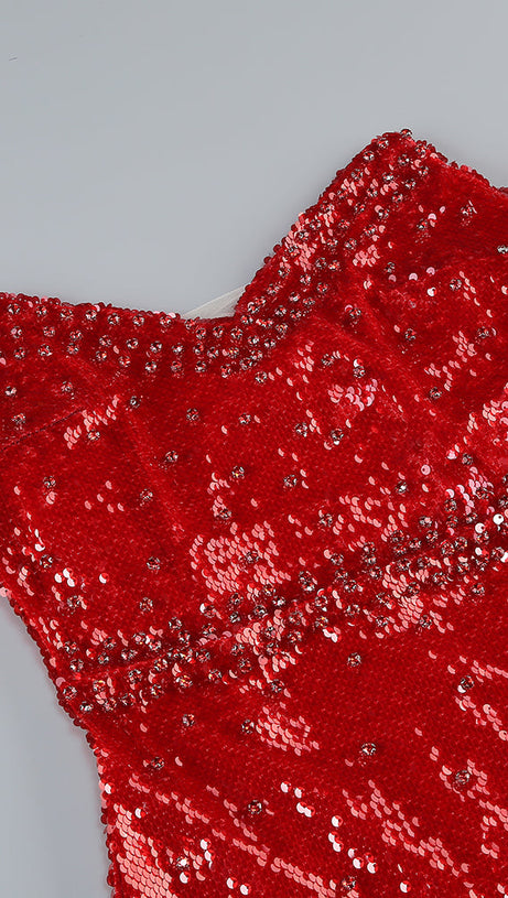 CAITLIN OFF-SHOULDER SEQUIN MIDI DRESS IN RED