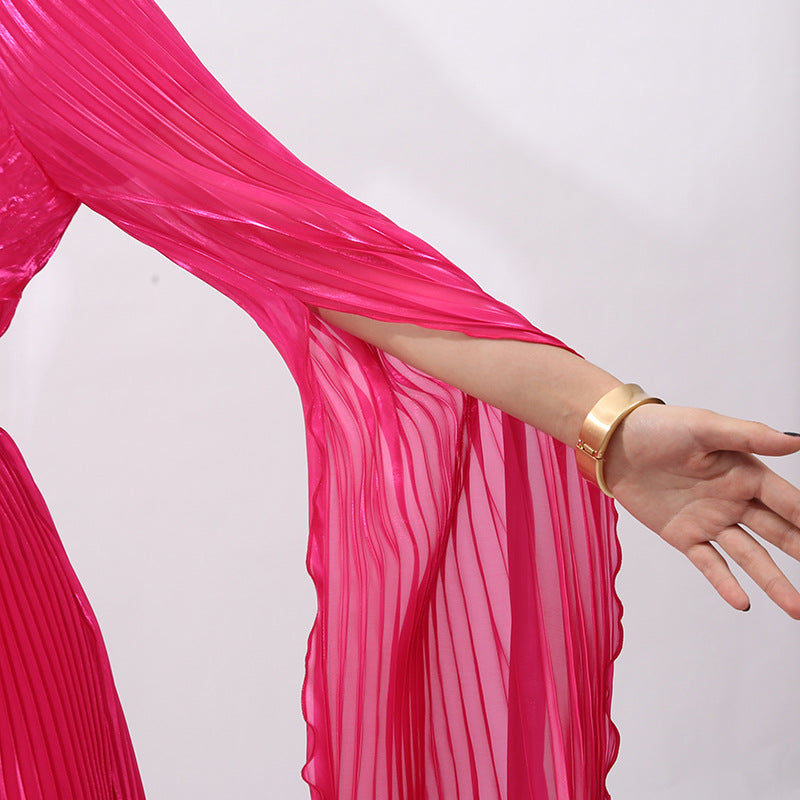 HODAYA VIBRANT PINK PLEATED LONG SLEEVE MAXI DRESS - ELEGANT FORMAL GOWN