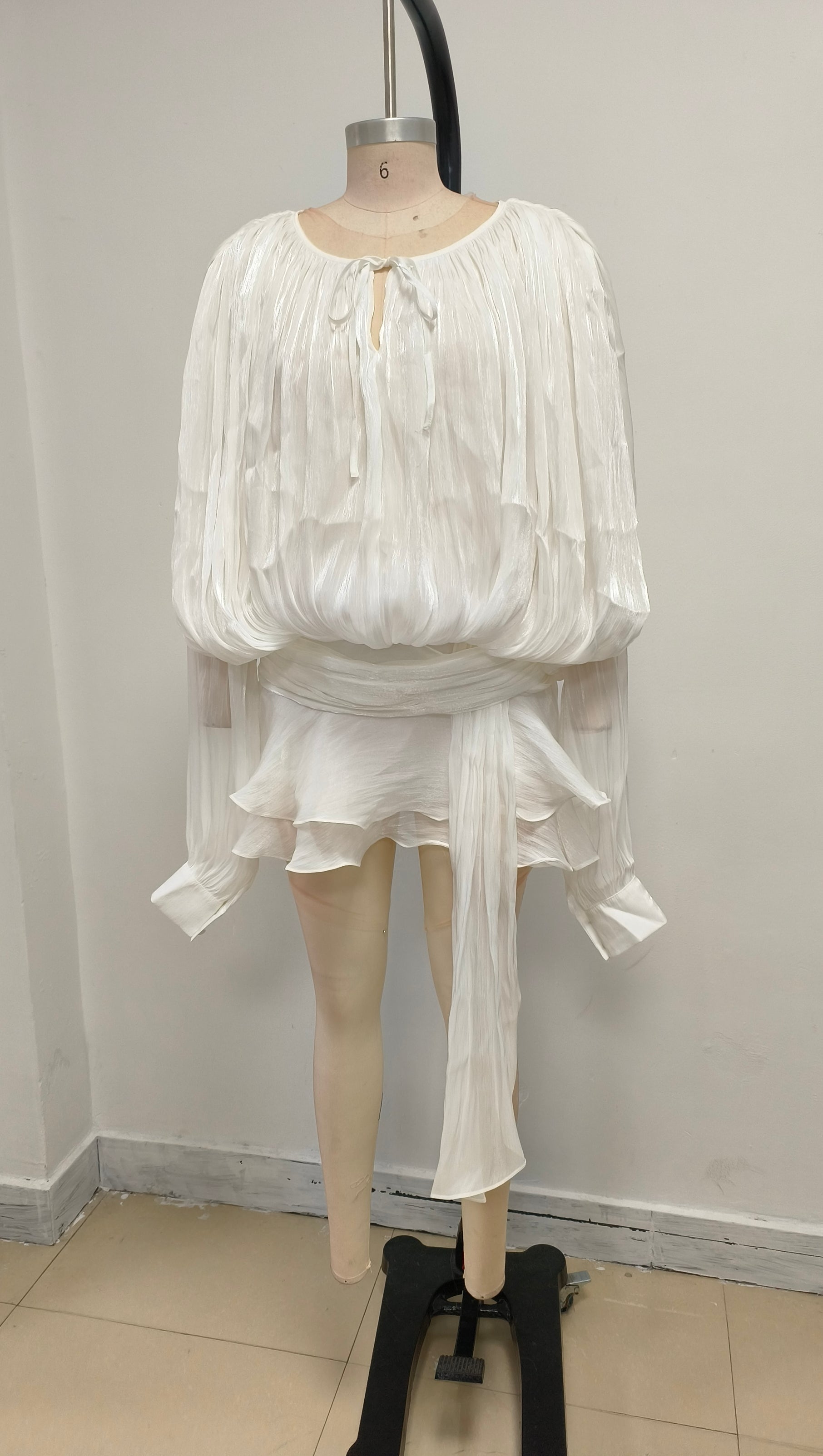 AIIZIE WHITE LONG SLEEVE TIE MINI DRESS - product image