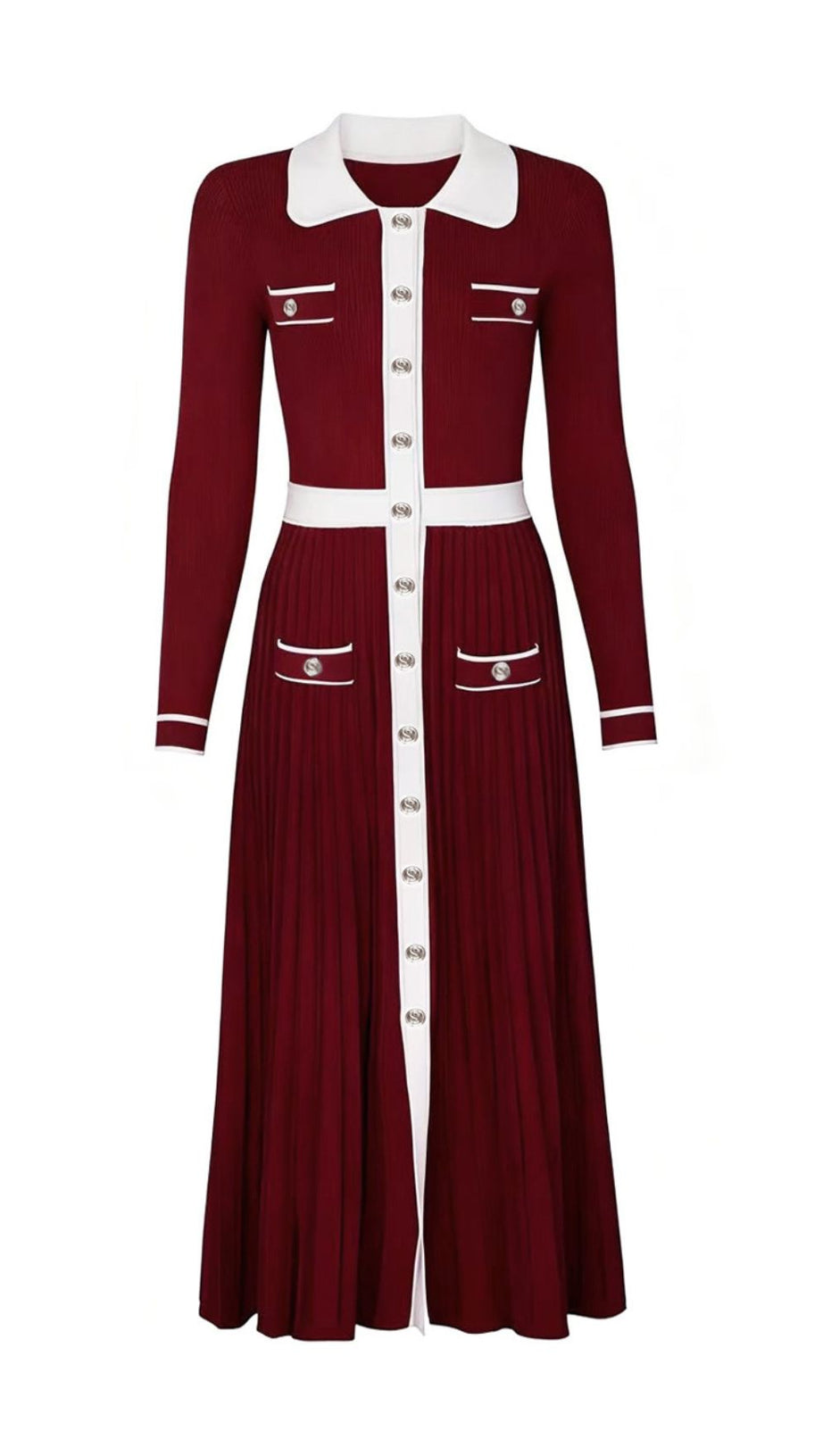 Judy Chic Button-Front Contrast Trim Knit Midi Dress