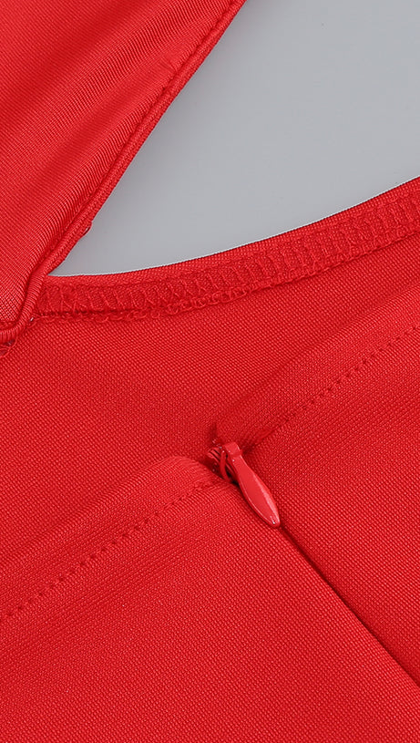 OFF-SHOULDER FEATHER PANEL RED DRESS