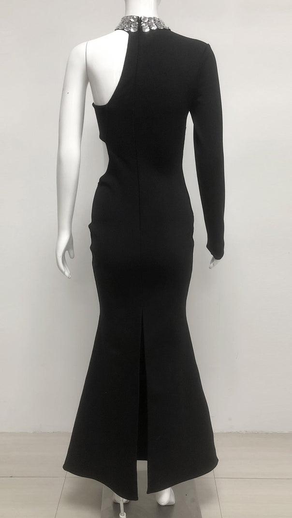 AIIZIE CRYSTAL EMBELLISHED ONE-SLEEVE CUT-OUT MAXI DRESS IN BLACK - product image