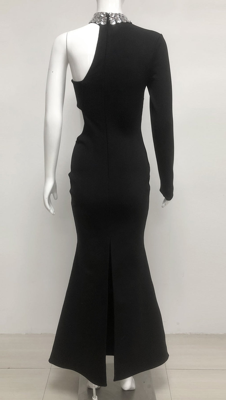 CRYSTAL EMBELLISHED ONE-SLEEVE CUT-OUT MAXI DRESS IN BLACK