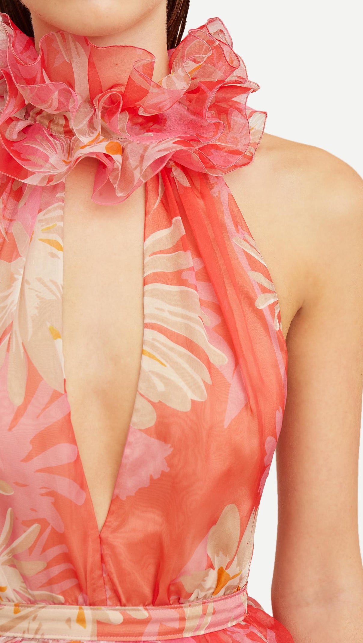 AIIZIE ORANGE FLORAL PRINTED SHEEVELESS HALTER MAXI DRESS - product image