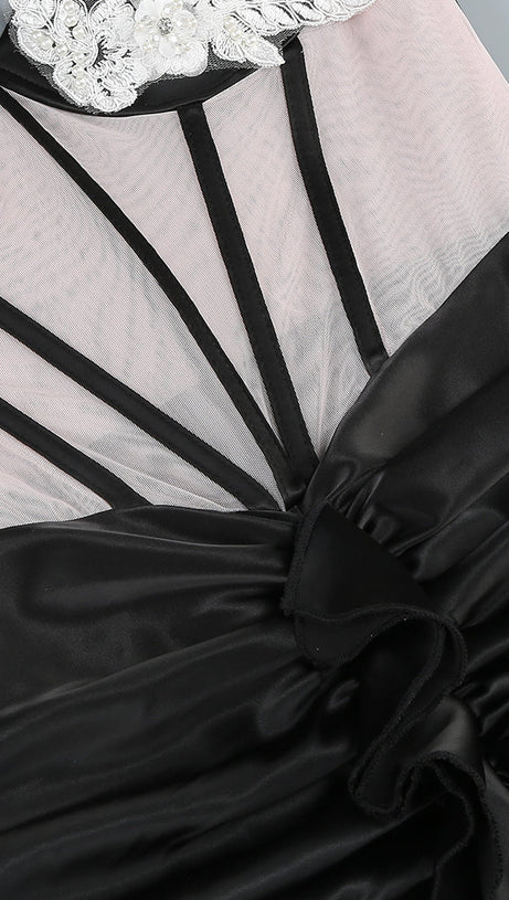 BEULAH BLACK SATIN CORSET SEQUIN WING CUP DRESS