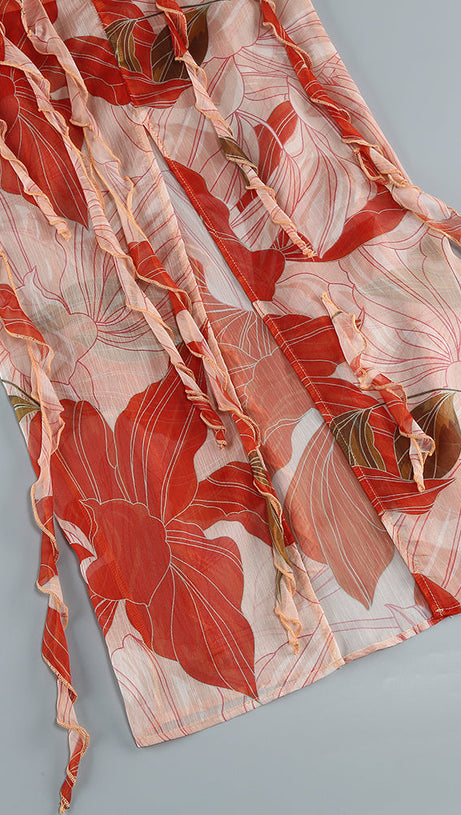 GLORIA PRINTED CUT OUT RUFFLE TRIM SKIRT SUIT