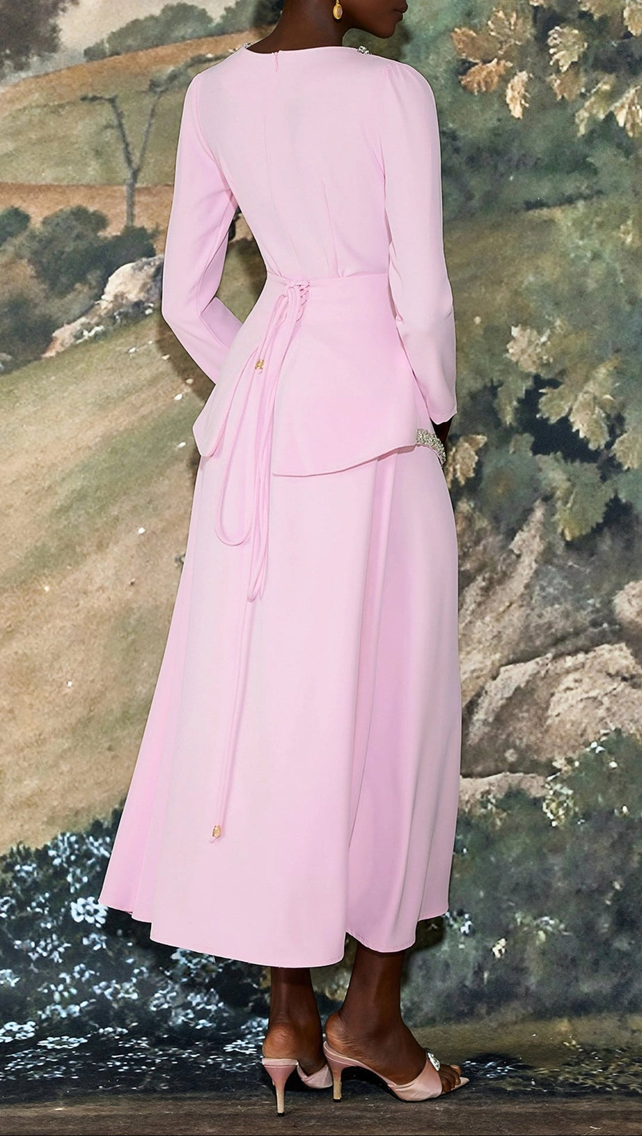 damla Rhinestone embellished Long Sleeve Midi Dress - pink