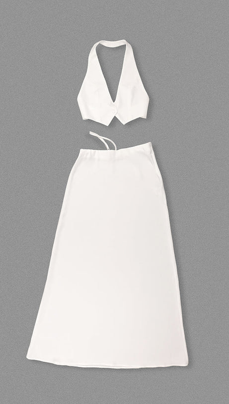 SILK CROP TOP MAXI SKIRTS 2 PIECES SETS IN WHITE