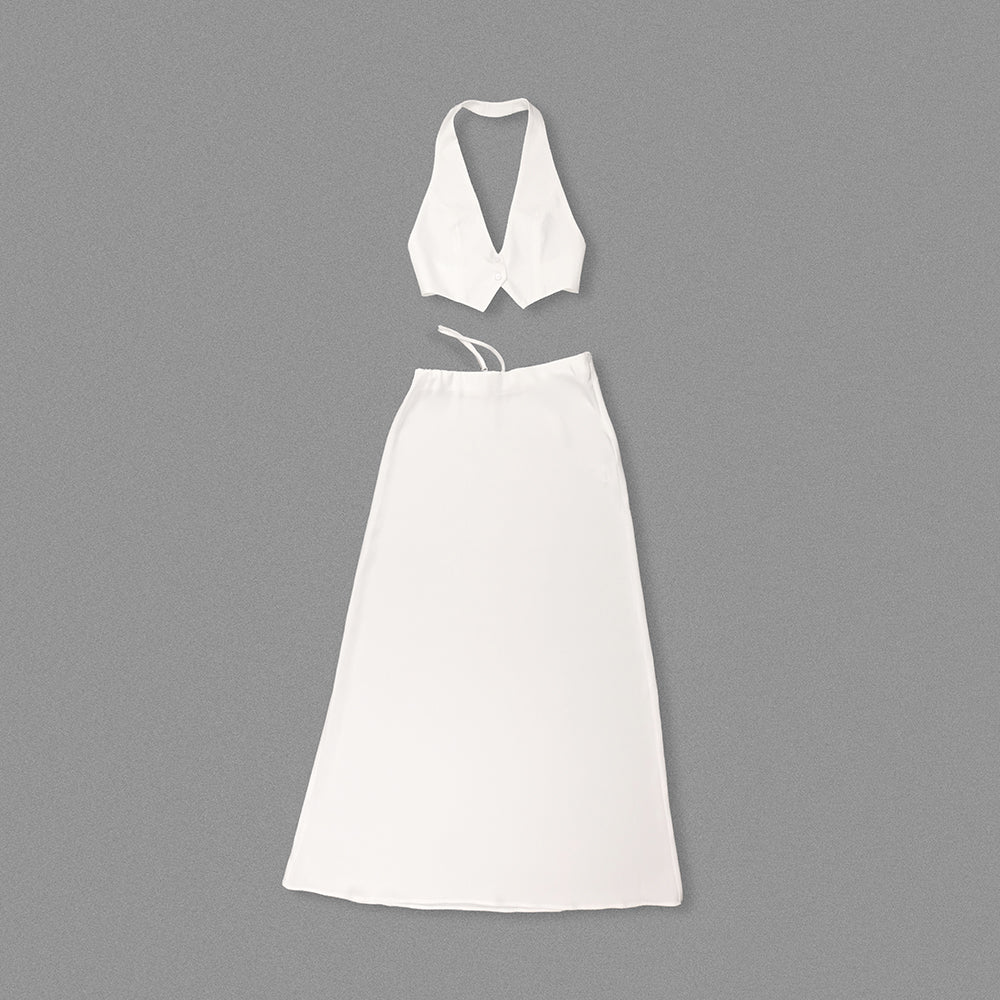 AIIZIE SILK CROP TOP MAXI SKIRTS 2 PIECES SETS IN WHITE - product image