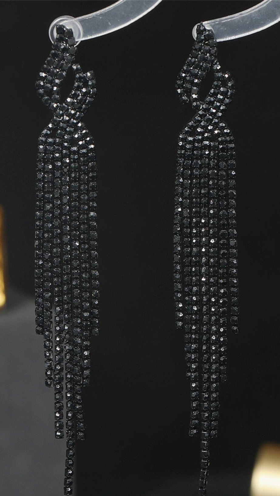 DUNYA BLACK RHINESTONE TASSEL EARRINGS
