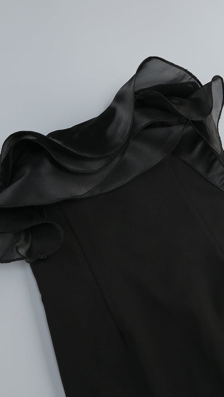 OFF-SHOULDER RUFFLE TRIM MAXI DRESS IN BLACK