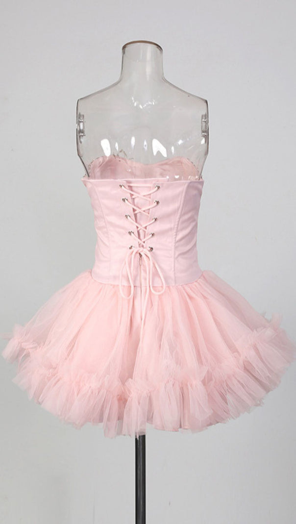 AIIZIE Jasmijn Pink Sparkle Strapless Corset Tulle Mini Dress - product image