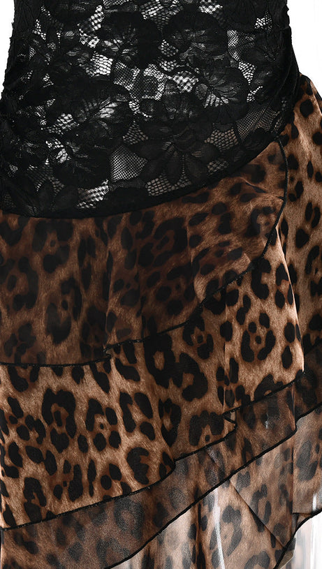 RAELIRA GLAMOROUS ONE-SHOULDER LACE & LEOPARD PRINT MAXI DRESS