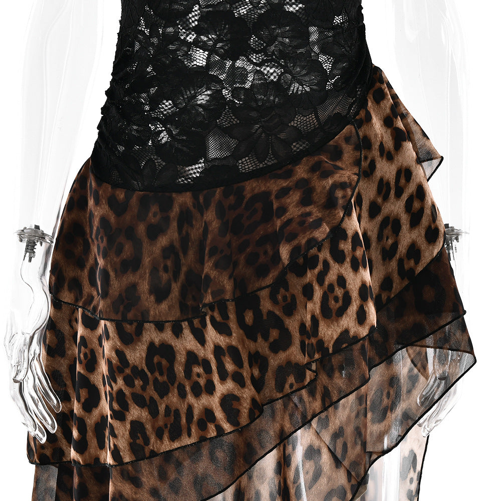 AIIZIE RAELIRA GLAMOROUS ONE-SHOULDER LACE & LEOPARD PRINT MAXI DRESS - product image