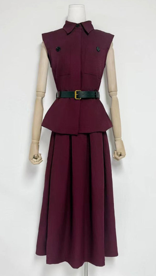 AIIZIE Iliana Elegant Burgundy Sleeveless Belted Skirt Set - Chic 2-Piece Outfit for Women - product image