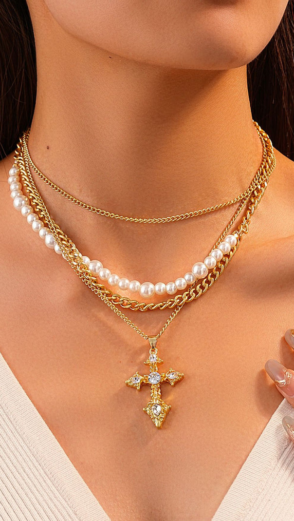 AIIZIE Jordyn Elegant Layered Pearl & Crystal Cross Necklace for Women - product image