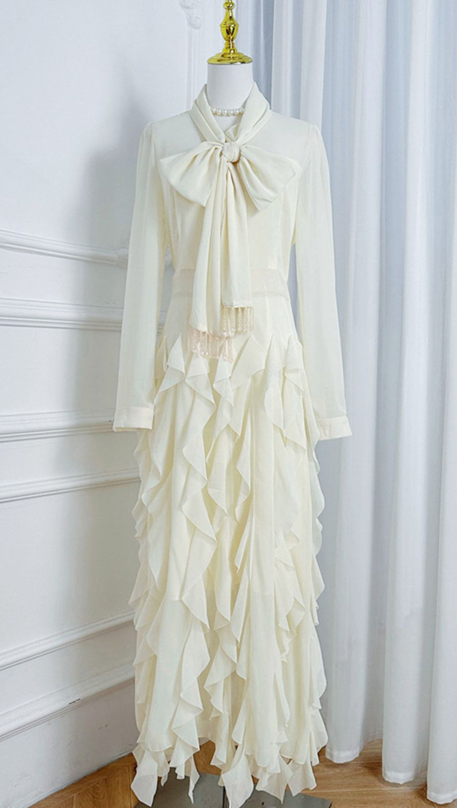 Isaak Ethereal Ruffle Maxi Gown - Elegant Chiffon Dress with Statement Bow Neck