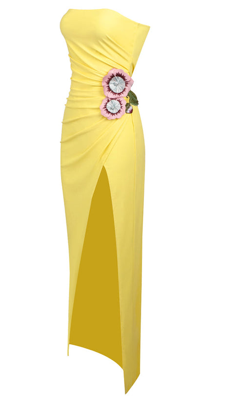 ABITO MIDI SENZA SPALLINE CON RUCHES A FIORI IN GIALLO