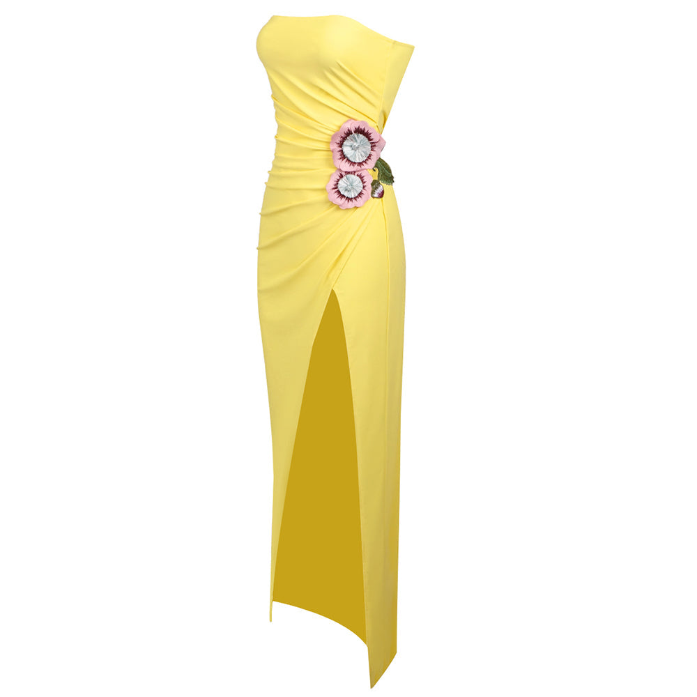 AIIZIE STRAPLESS FLOWER RUCHED MIDI DRESS IN YELLOW - product image