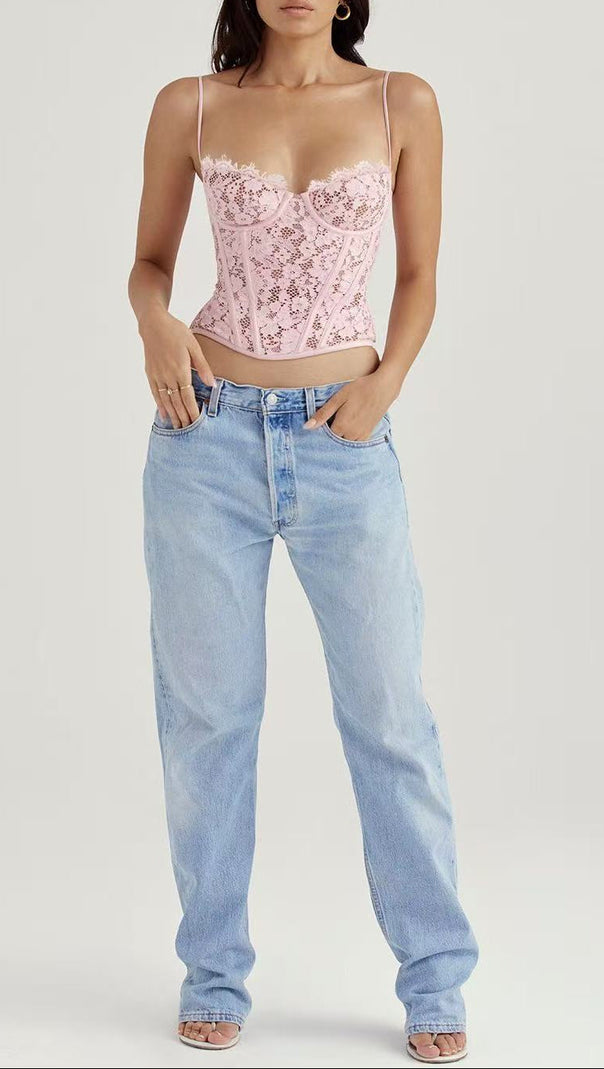 Mila Floral Lace Corset Cami Set - Pink