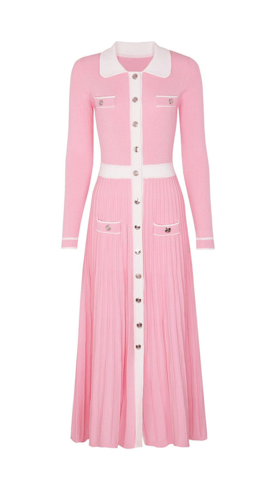 Judy Chic Button-Front Contrast Trim Knit Midi Dress