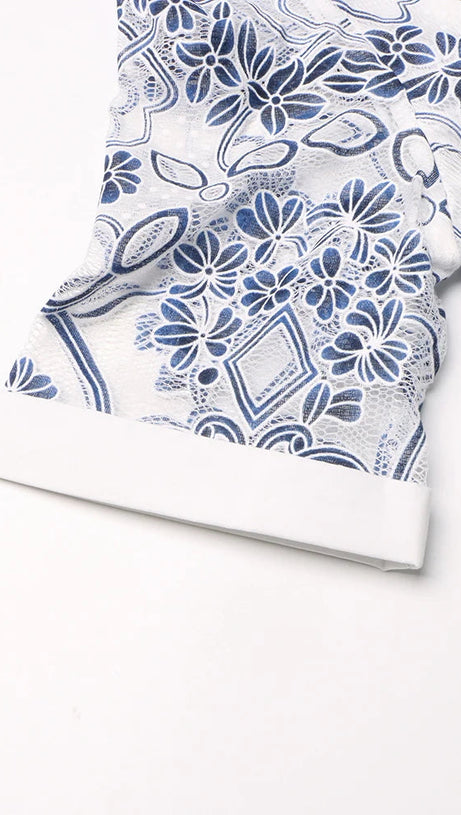 V NECK SPLICED BELTS EMBROIDERY MIDI DRESS IN BLUE