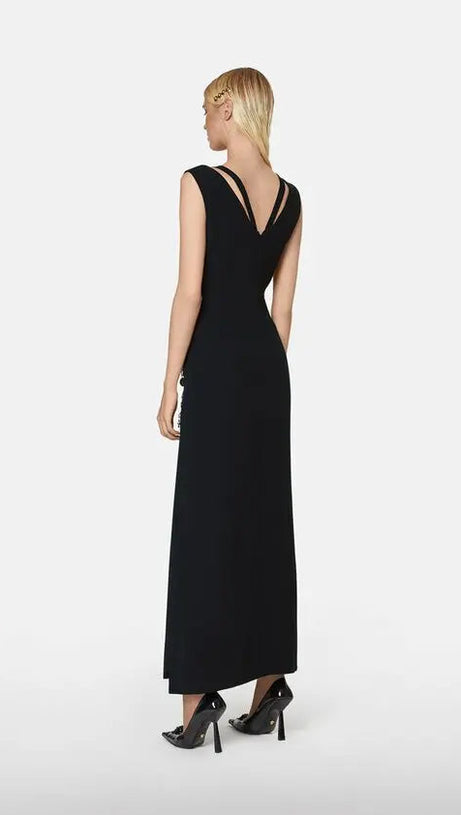 V-NECK PIN-EMBELLISHED MAXI DRESS IN BLACK