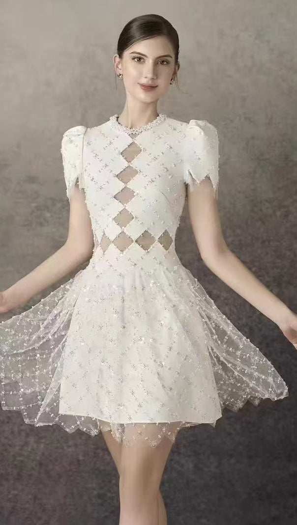 Henrietta Ivory Sequin Mini Dress with Mesh Panels