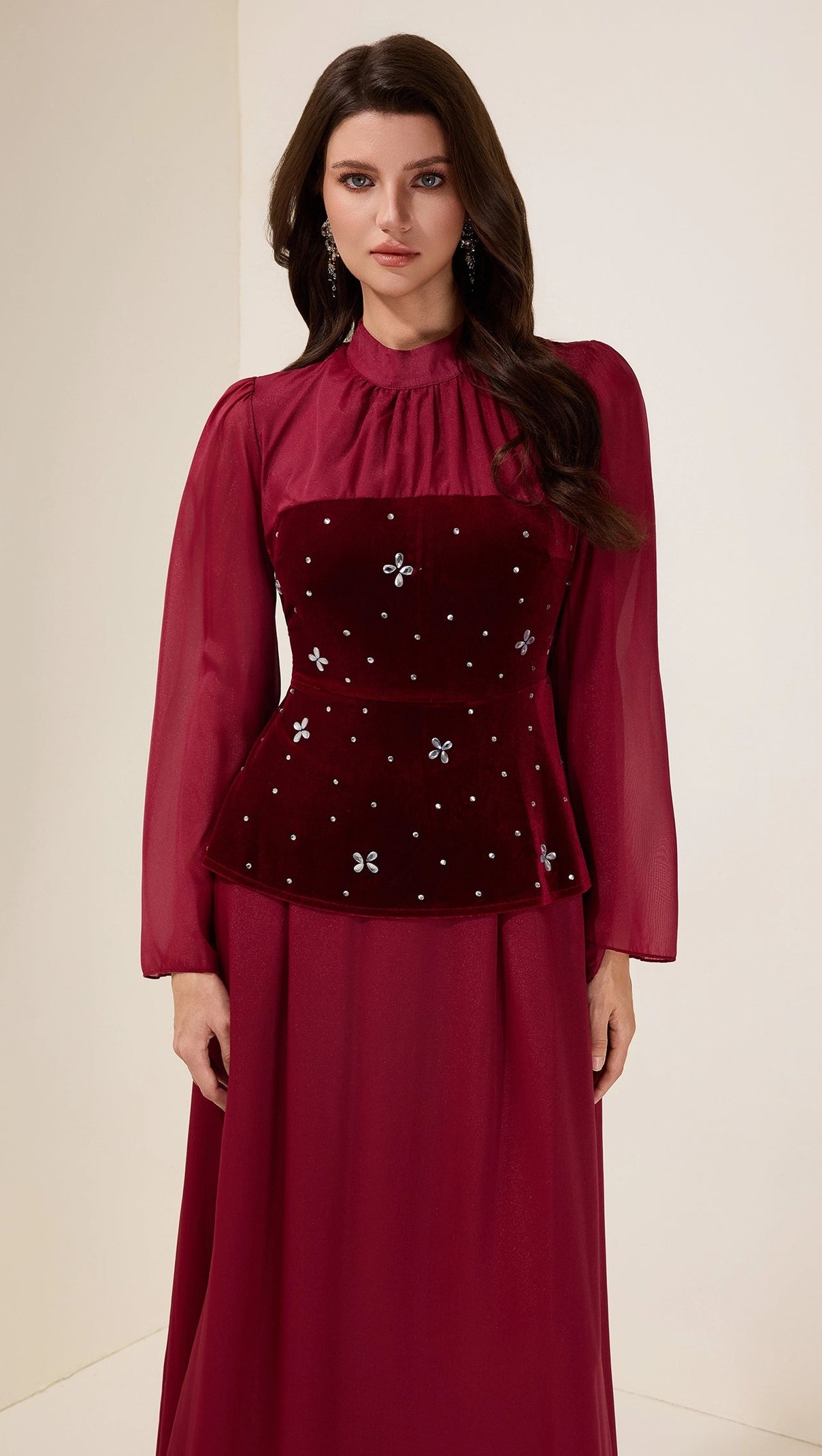 caroline Strass-Samt-Spleiß Maxikleid - Burgund