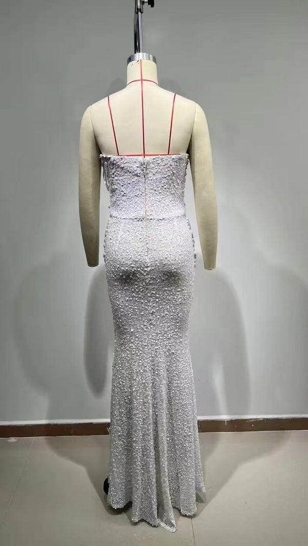Iseult White Faux Pearl Mesh Maxi Gown