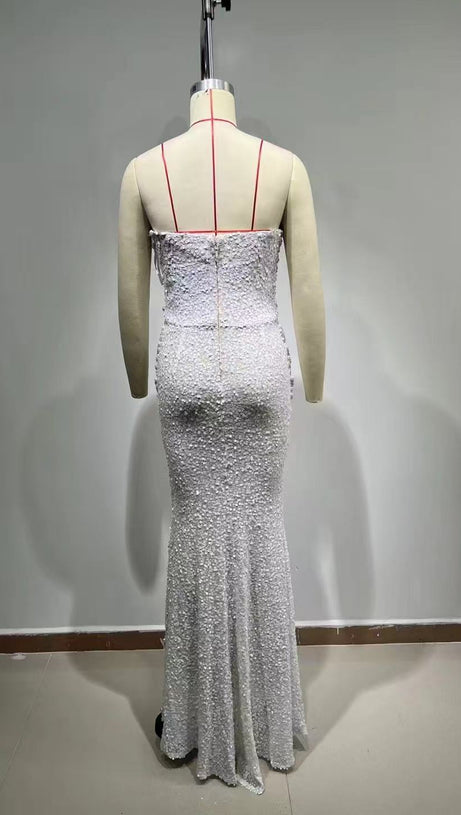 Iseult White Faux Pearl Mesh Maxi Gown