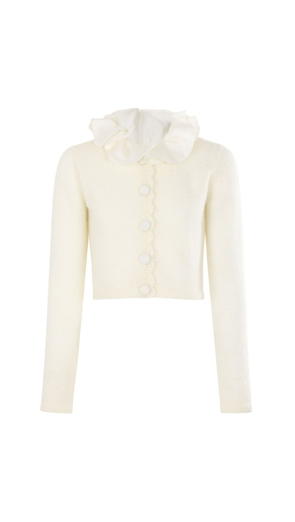 AIIZIE Jacques Ruffle Collar Cropped Knit Cardigan - Elegant Women's Sweater - product image