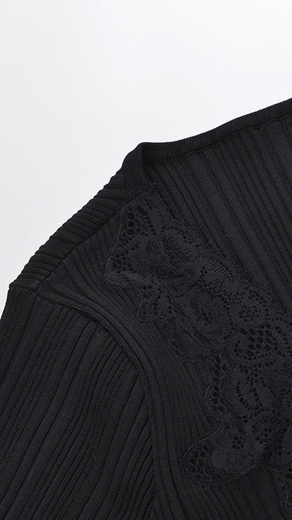 HULDA BLACK V-NECK LACE RIBBED KNIT TOP | CHIC WOMEN'S SWEATER
