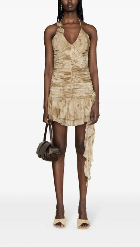RUFFLED PYTHON-PRINT MINI DRESS IN SAND BEIGE
