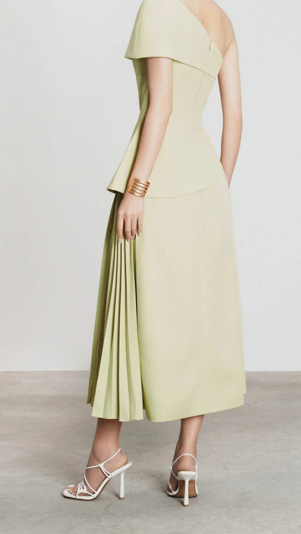 AIIZIE ONE SHOULDER TOP FLARE MIDI SKIRT SUIT IN OLIVE GREEN - product image