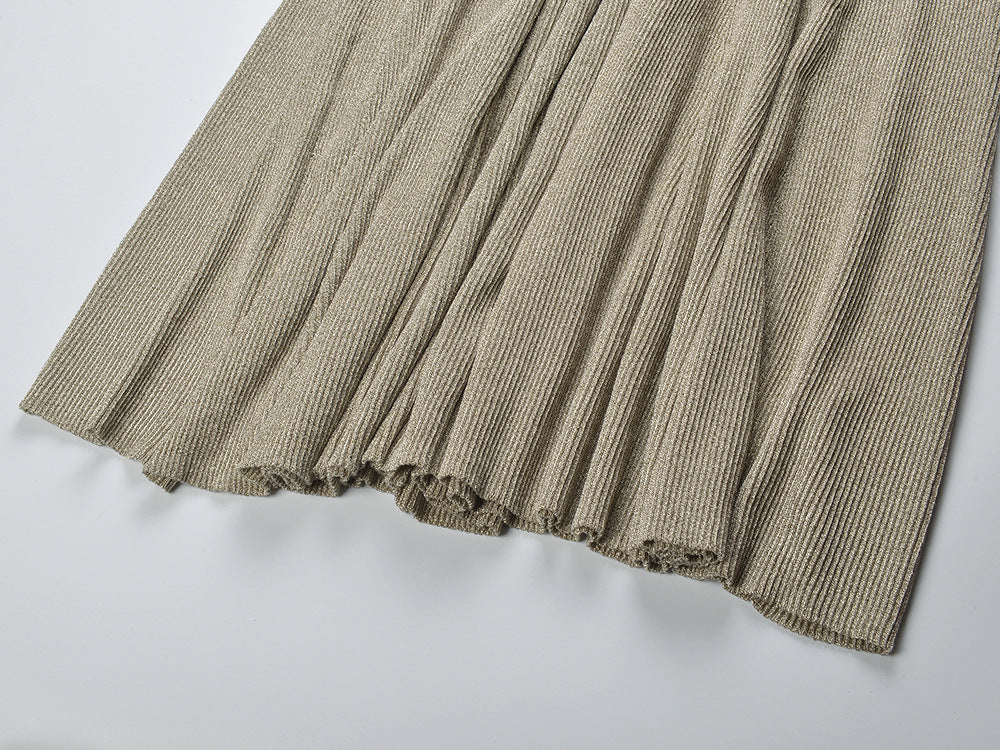 Juno Shimmer Ribbed Knit Maxi Dress | Mock Neck | Gold Buttons