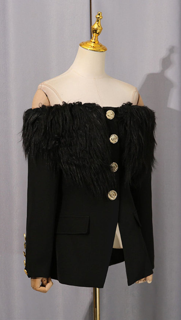 AIIZIE HYUNH BLACK OFF-SHOULDER FAUX FUR BLAZER | GOLDEN EYE BUTTONS - product image