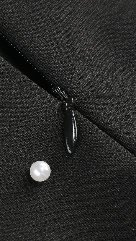 PEARL-EMBELLISHED STRAPLESS GOWN IN BLACK