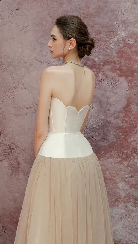 TWO-TONE HOLLOW TUBE TOP TULLE MIDI DRESS