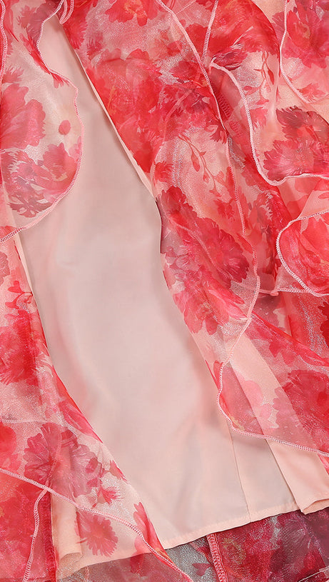 BELINDA RED FLORAL VERTICAL RUFFLE TRIM MAXI DRESS