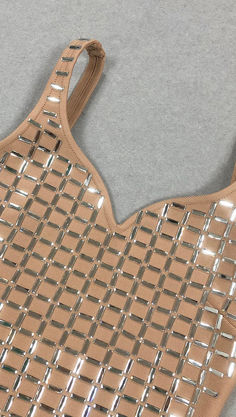 SEQUIN-EMBELLISHED SLIT MIDI DRESS IN APRICOT