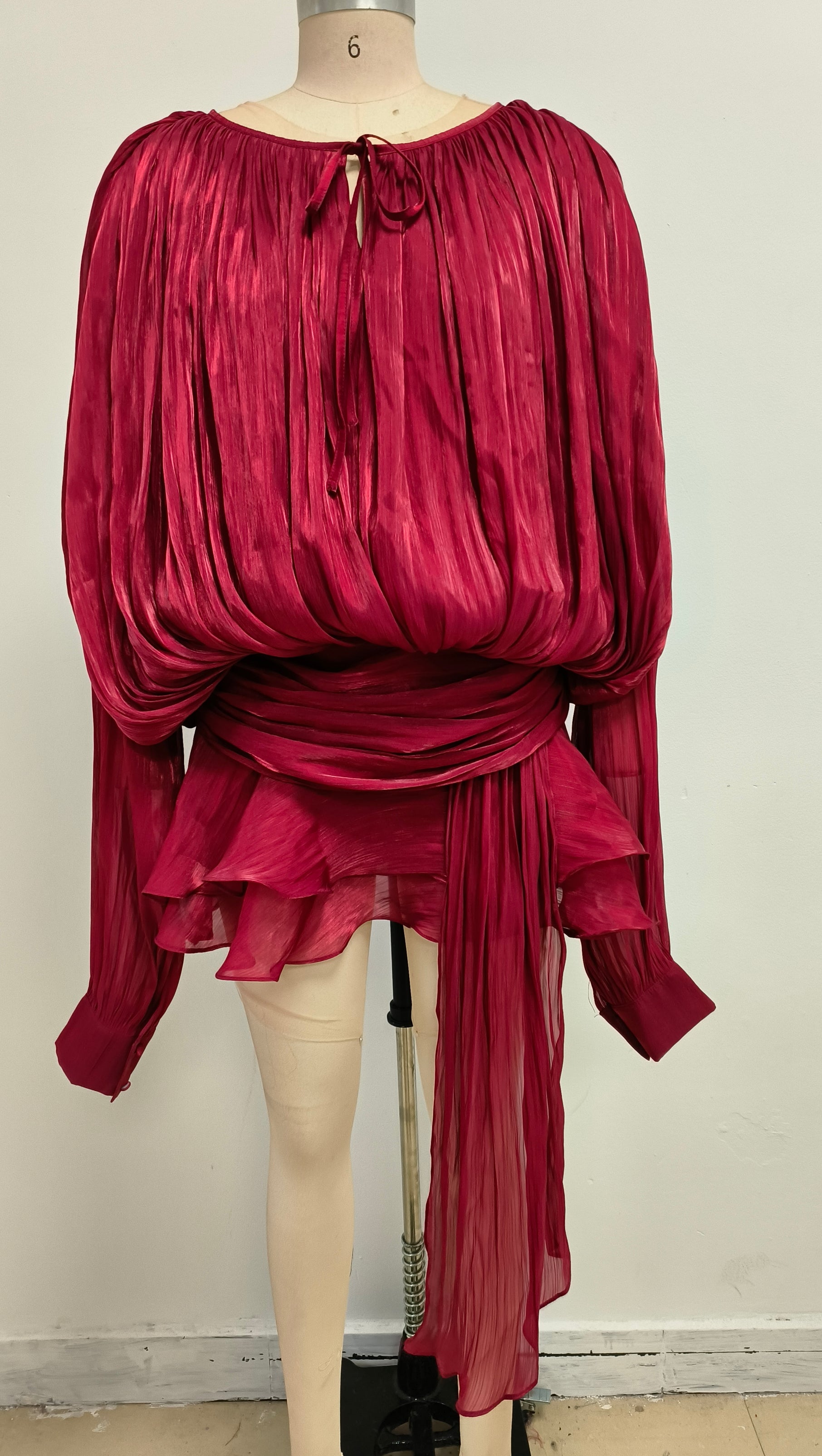 RED LONG SLEEVE TIE MINI DRESS