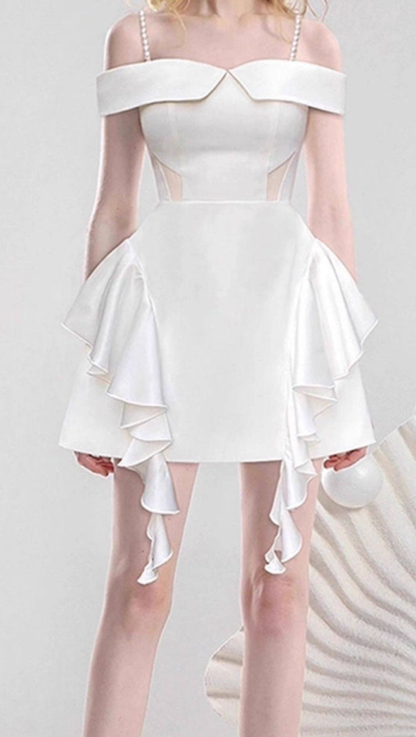 AIIZIE Jayleen White Ruffle Mini Dress | Chic Off-Shoulder with Pearl Straps for Bridal & Parties - product image