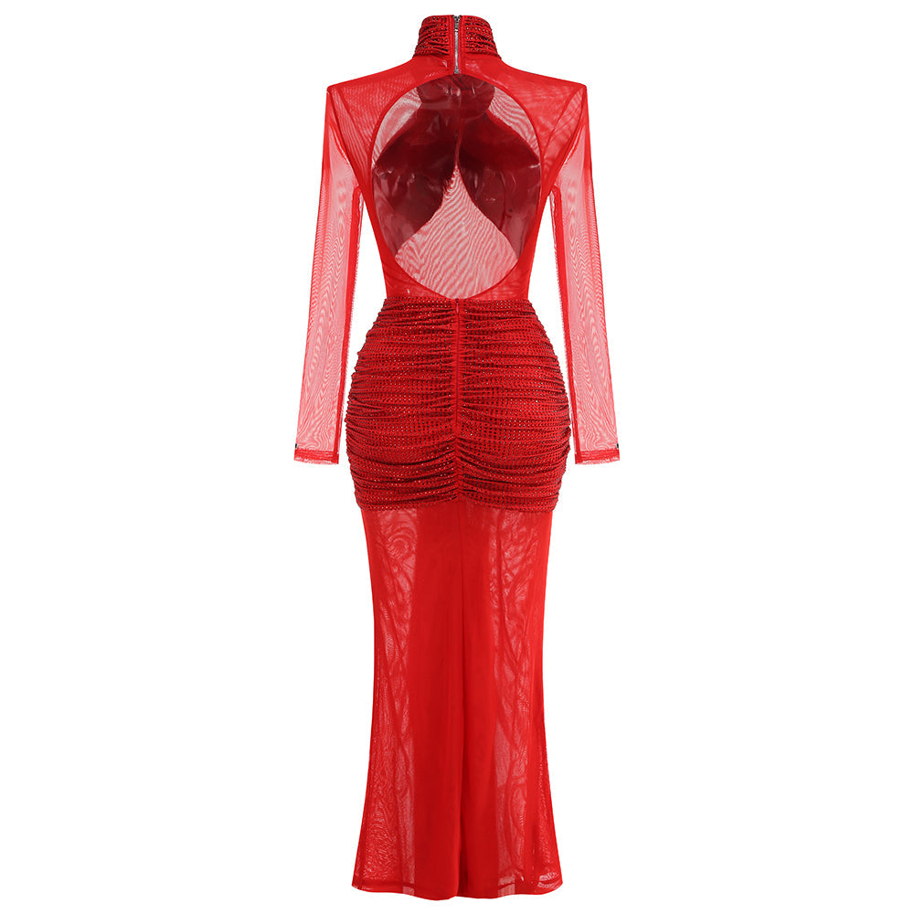 AIIZIE SLINKY MESH LONG SLEEVE MAXI DRESS IN RUBY - product image
