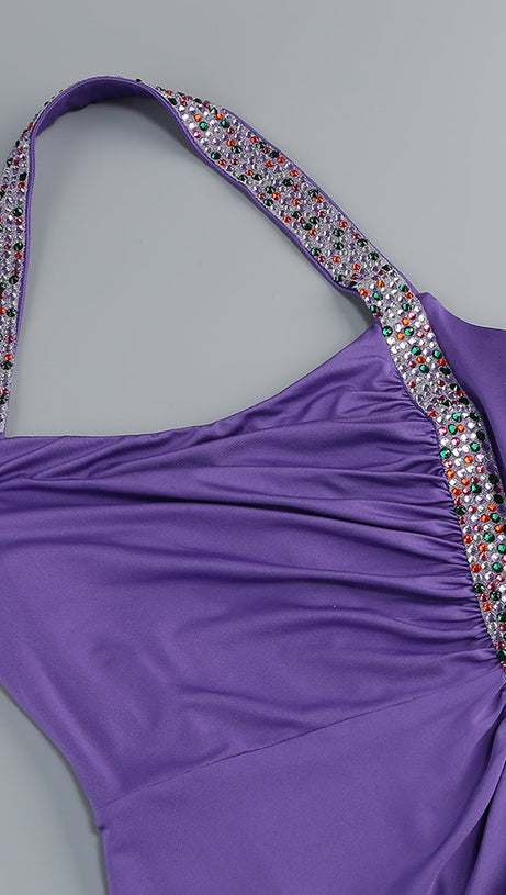 MULTICOLOR-PEARL EMBELLISHED PURPLE HALTER MAXI DRESS