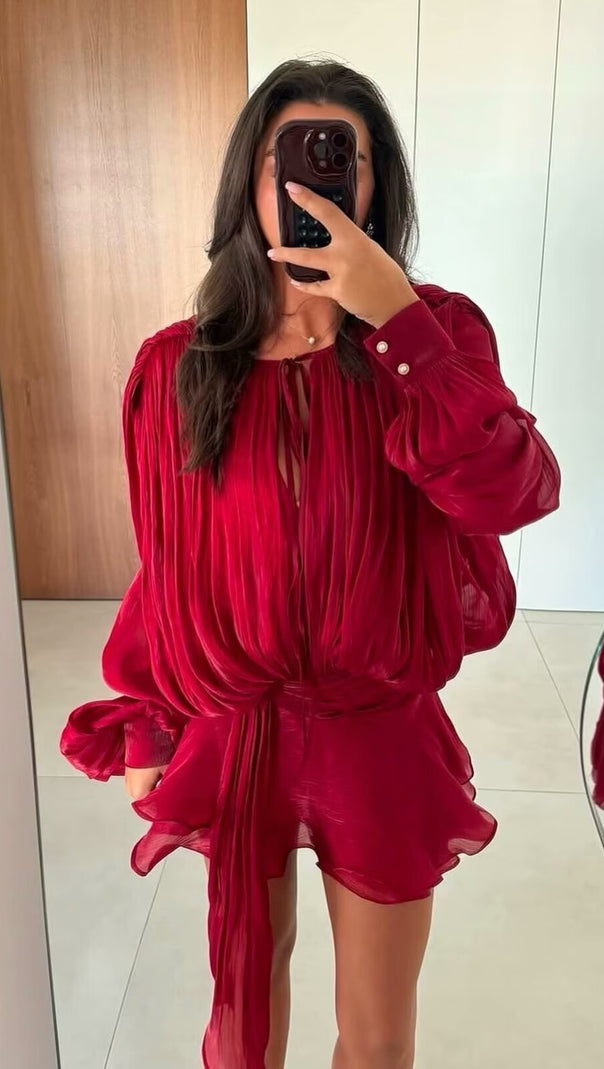 AIIZIE RED LONG SLEEVE TIE MINI DRESS - product image