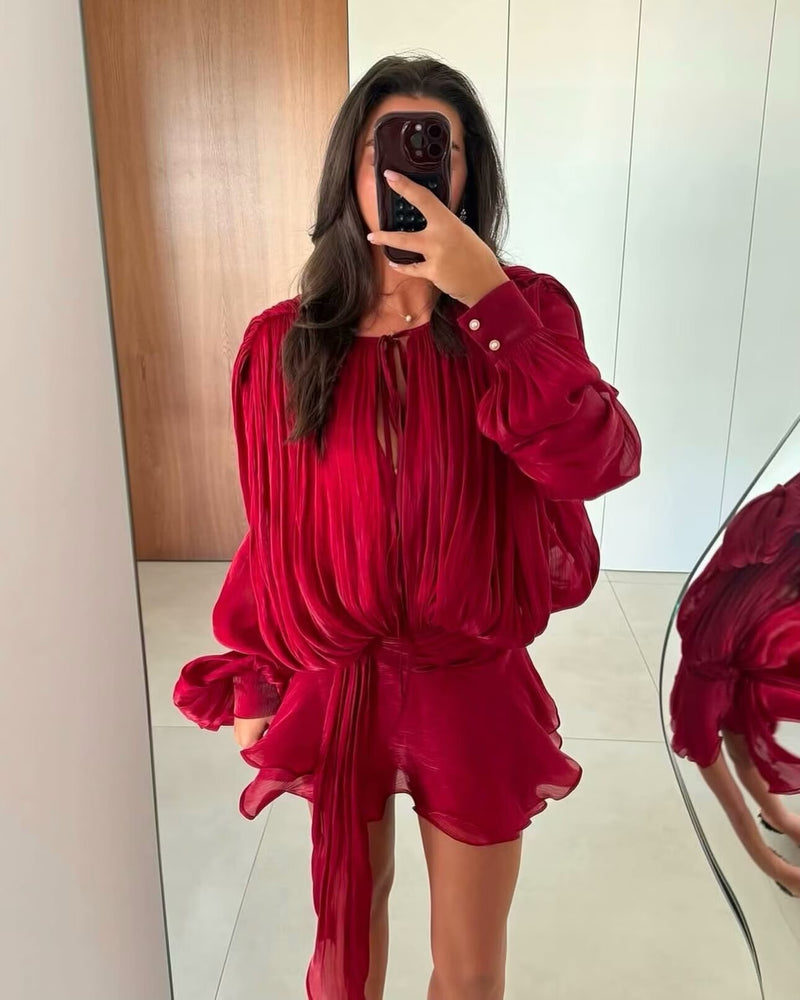 Red Long Sleeve Tie Mini Dress