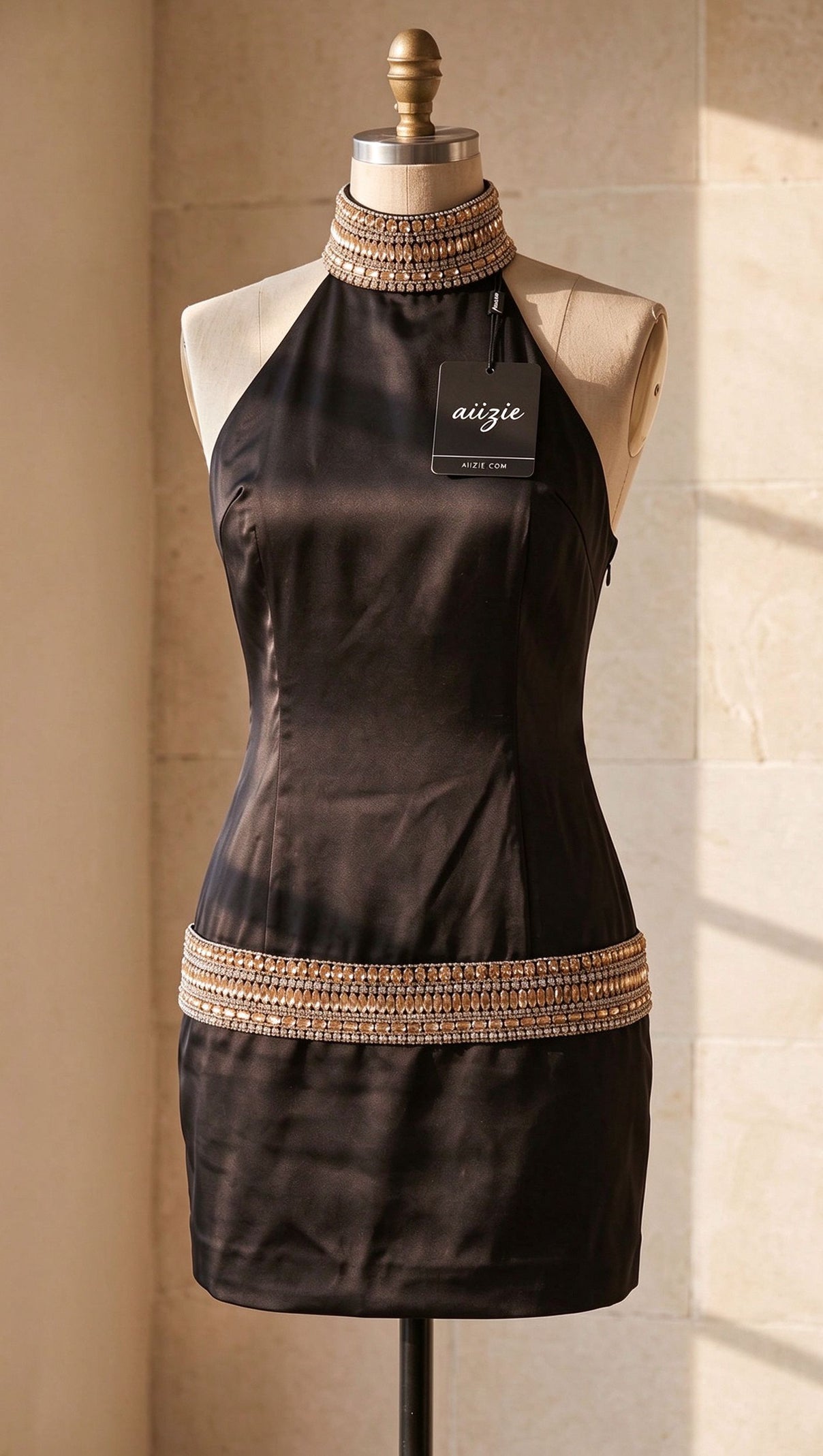 Black Satin Bodycon Dress with Crystal Embellishments