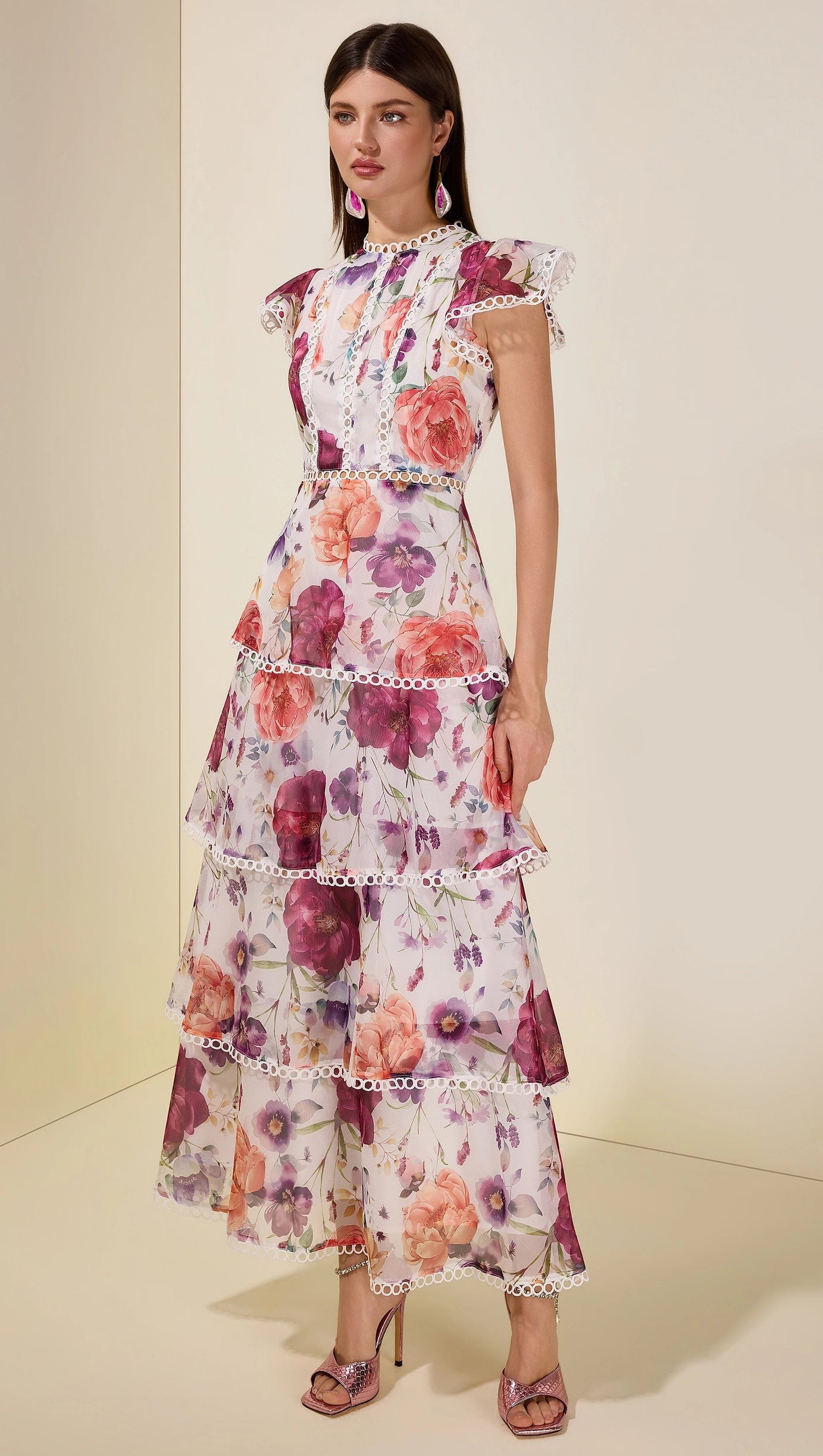 zenobia Floral Lace Ruffle Maxi Dress - white