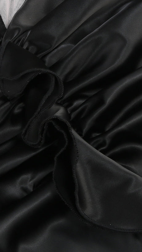 BEULAH BLACK SATIN CORSET SEQUIN WING CUP DRESS